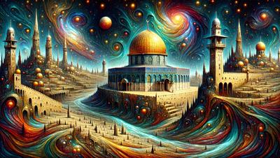 The primary subject of the image is a large, ornate building with a dome roof, which appears to be a mosque. The building is situated in a desert-like environment, with a sky filled with stars in the background. The visual style of the image is a combination of digital art and illustration, creating a vibrant and detailed scene. The colors and mood of the image are predominantly warm and earthy tones, with a sense of mystery and wonder.